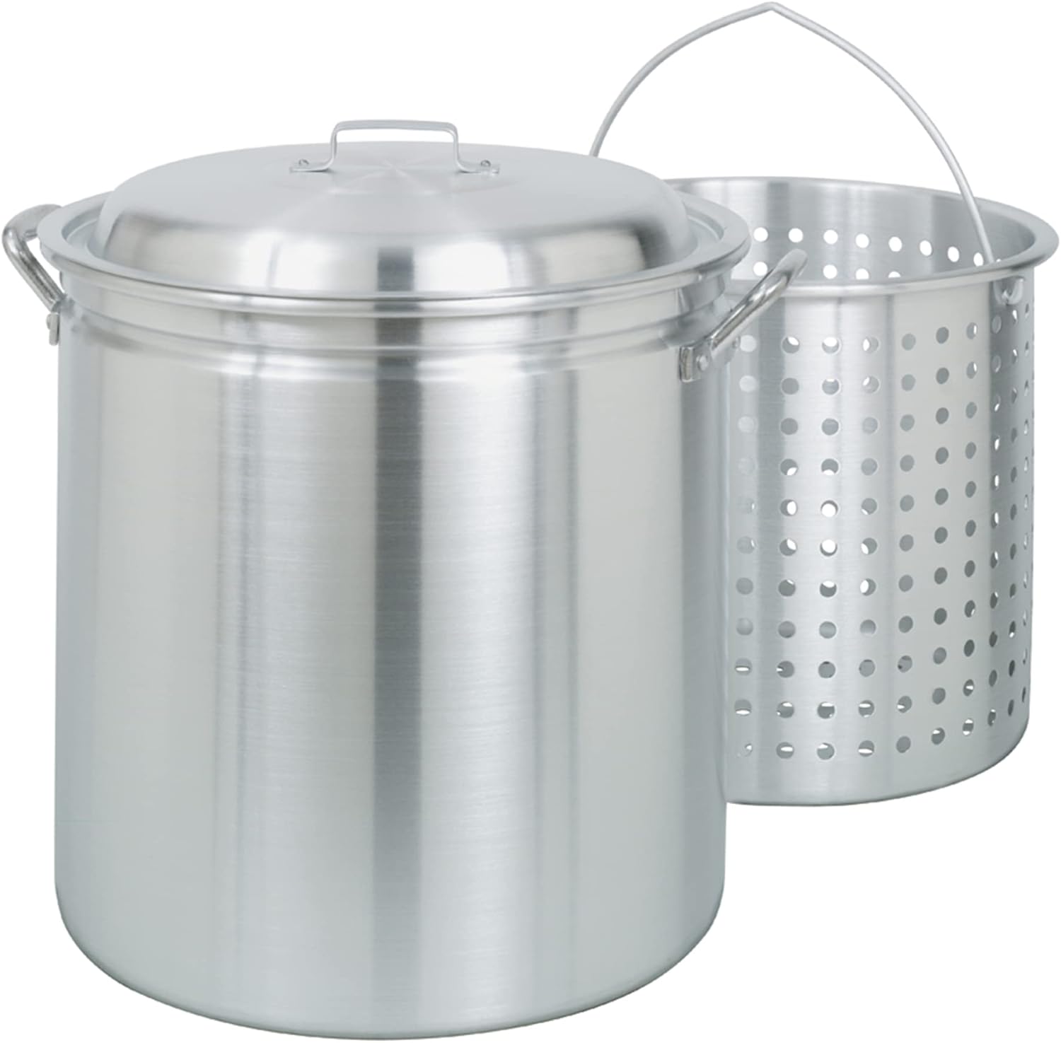 Bayou Classic 4042 42-qt Aluminum Stockpot w/Basket Features Domed Vented Lid Heavy Riveted Handles Perforated Aluminum Basket Perfect For Boiling Steaming and Canning Handcrafted Design