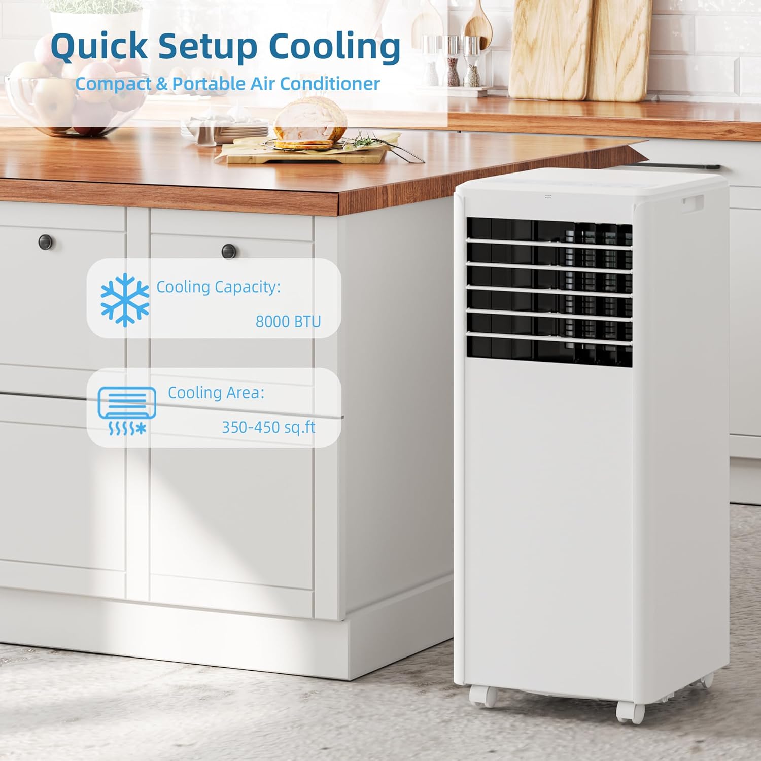 8000 BTUs Portable Air Conditioner with Efficient Cooling, Quiet Portable Cooling AC Up to 350 Sq.Ft. with Dehumidifier, Fan, Sleep Modes, 3-in-1 AC Unit with 24H Timer, White Top Cover