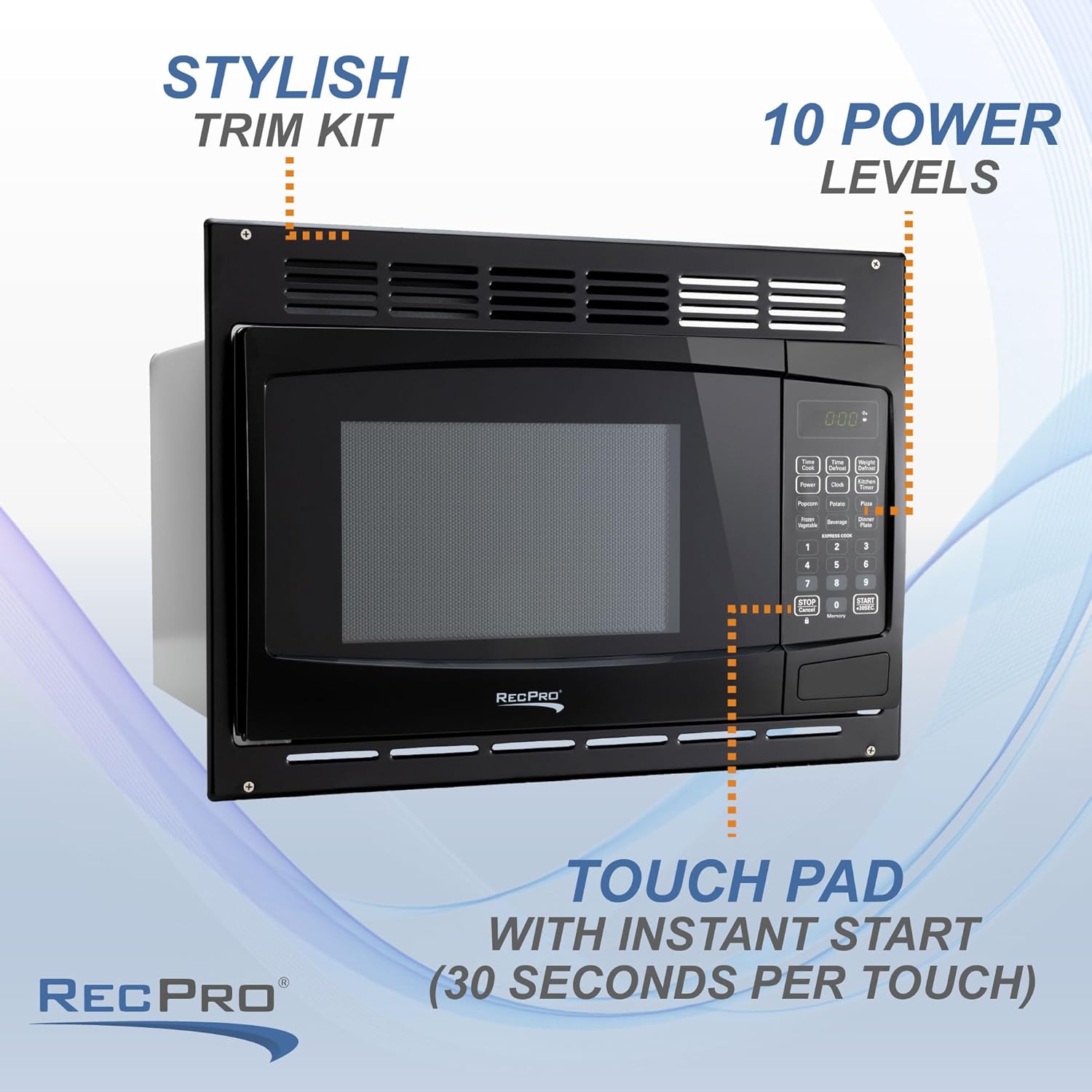 RecPro RV Microwave with Trim Kit | 1.0 Cu. Ft. | 900W | Direct replacement for Greystone and High Pointe (Black)