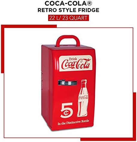 Coca-Cola Retro 18 Can Mini Fridge w/ 12V DC and 110V AC Cords, 22L (23 qt), Portable Cooler, Red, Travel Fridge for Drinks, Snacks, Lunch, Home, Office, Dorm Room, RV