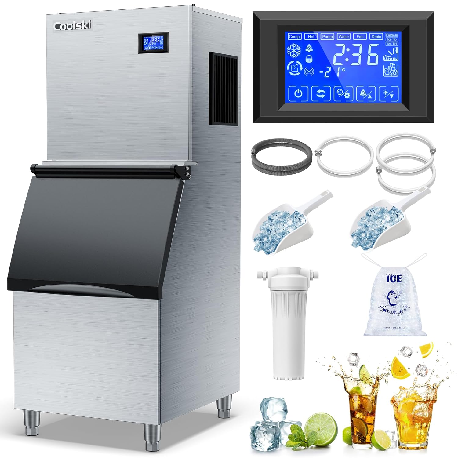 Coolski Commercial Ice Maker Machine 350LB/24H, 22'' Air Cooled Ice Machine Commercial Clear Cube/Efficient Cooling/Durable Construction, Ideal for Restaurants/Bars/Hotels, ETL Approved