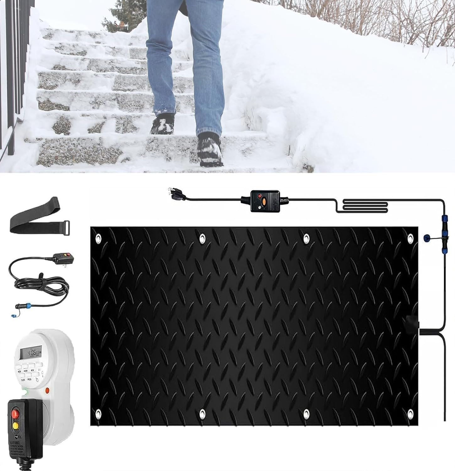 Snow Melting Mat with Timer, 1/2/3/4/5 Pcs Heated Walkway Mat, Rubber Heated Mat with Power Cord, Snow and Ice Melting Mat,No-Slip Heating Entrance Mats for Winter Outdoor Stairs(1 Pcs,12x36in