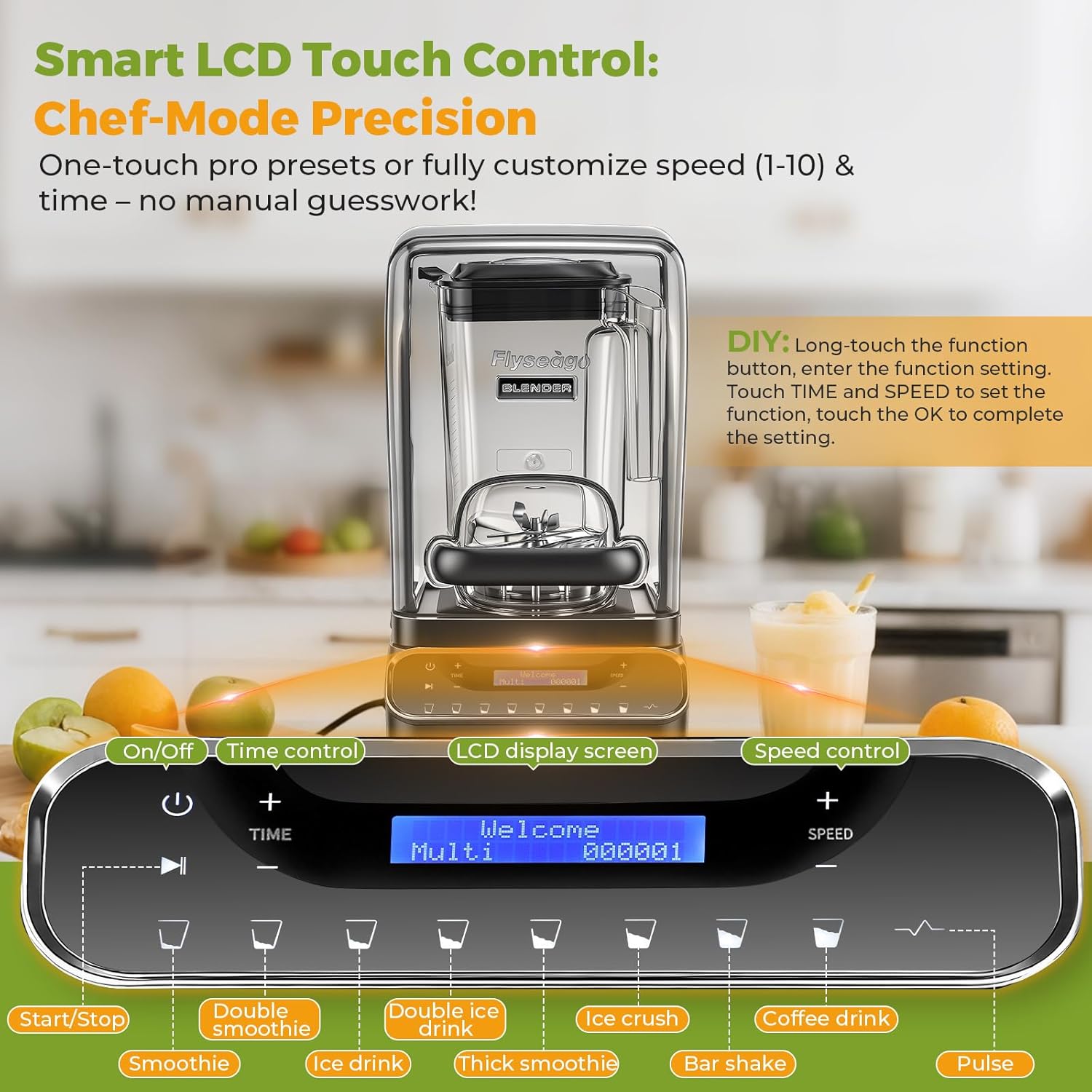 2200W Professional Quiet Blender with LCD Display, 1.8L Ice Crushing Jug, Commercial-Grade Motor, 6-Speed Touch Control & Overload Protection for Smoothies, Ice, Frozen Drinks Silver