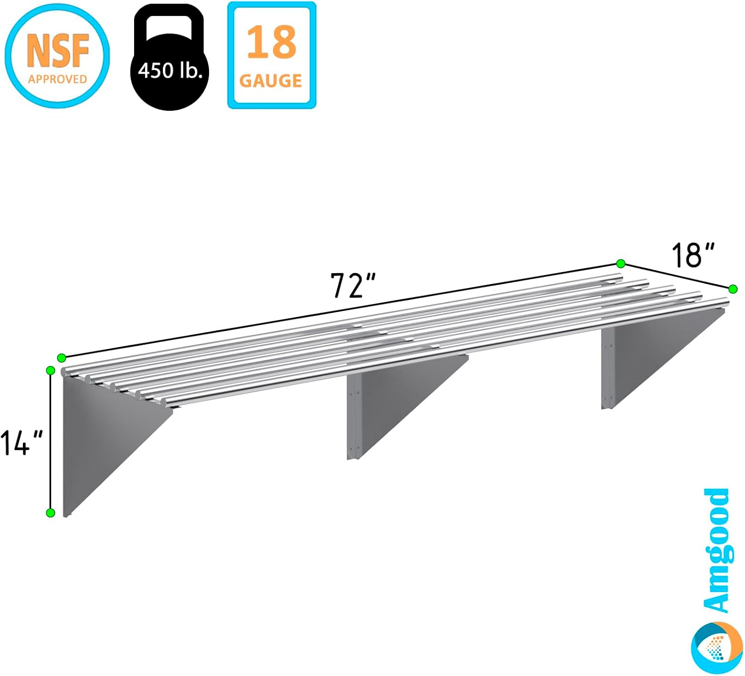 AmGood 18 in. x 72 in. NSF Stainless Steel Tubular Wall Shelf | Heavy-Duty Metal Shelving for Appliances & Equipment | Ideal for Kitchen, Restaurant, Garage, Laundry, Utility Room