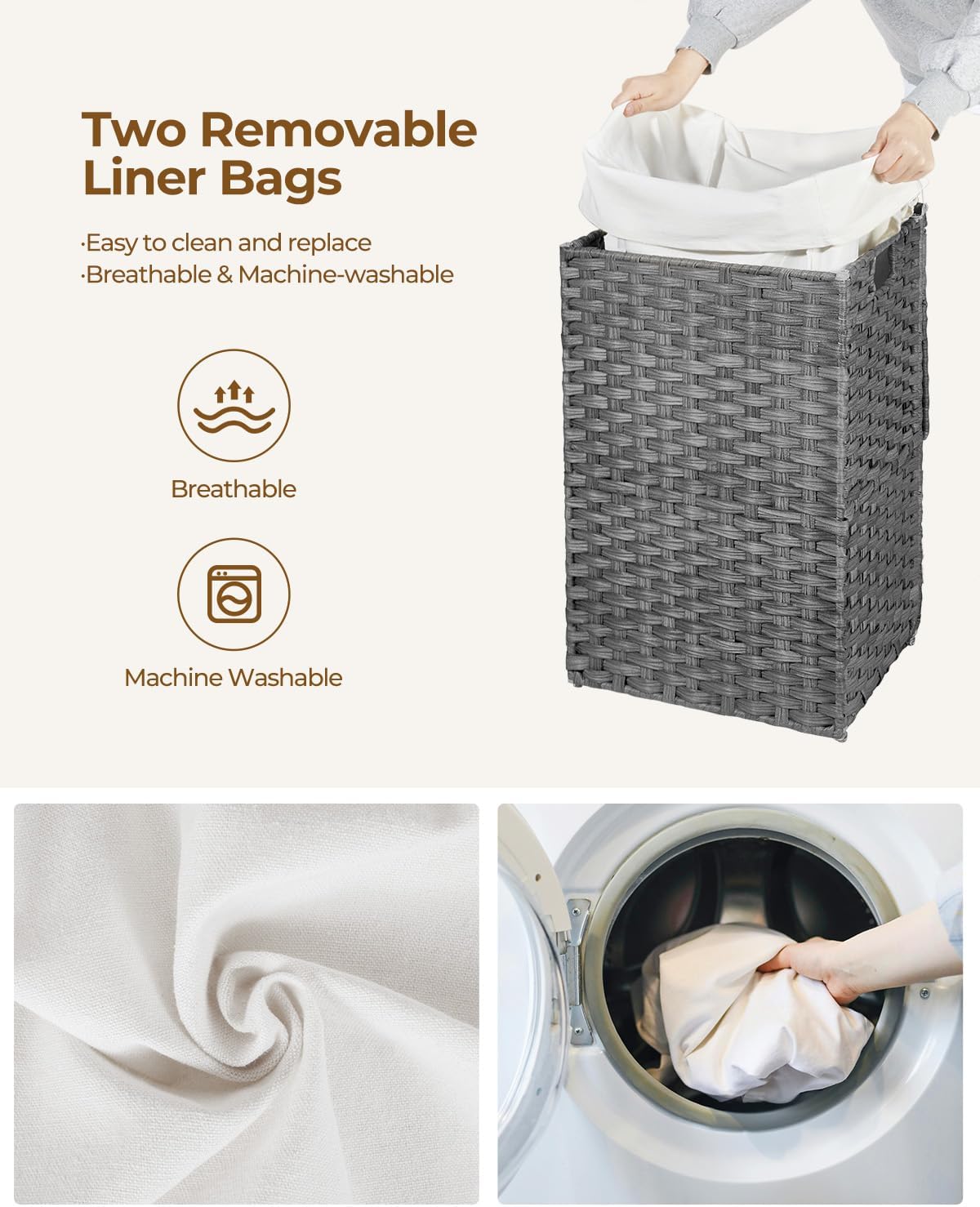 Greenstell Laundry Hamper with Lid, 60L Clothes Hamper with 2 Removable Liner Bags & 2 Mesh Laundry Bags, Handwoven Synthetic Rattan Laundry Basket for Clothes, Toys in Bathroom, Bedroom Grey