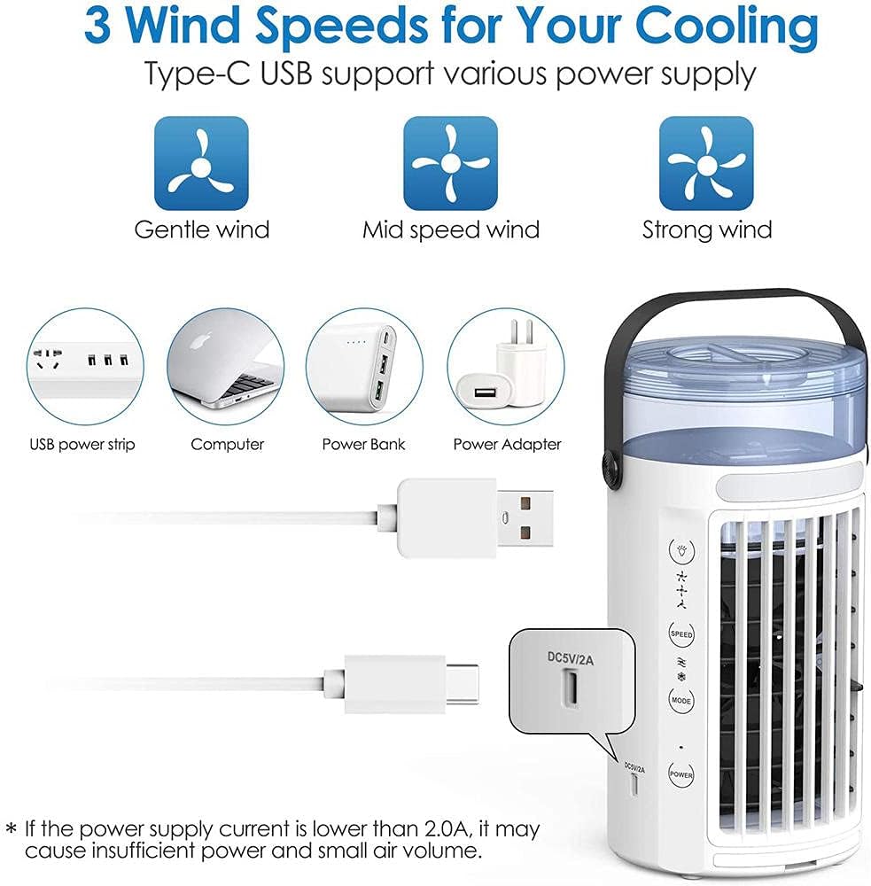 Portable Air Conditioner Fan, Mini Evaporative Air Cooler Super Quiet Desk Air Cooling Fan with Handle, 7 Colors LED Light Humidifier-White