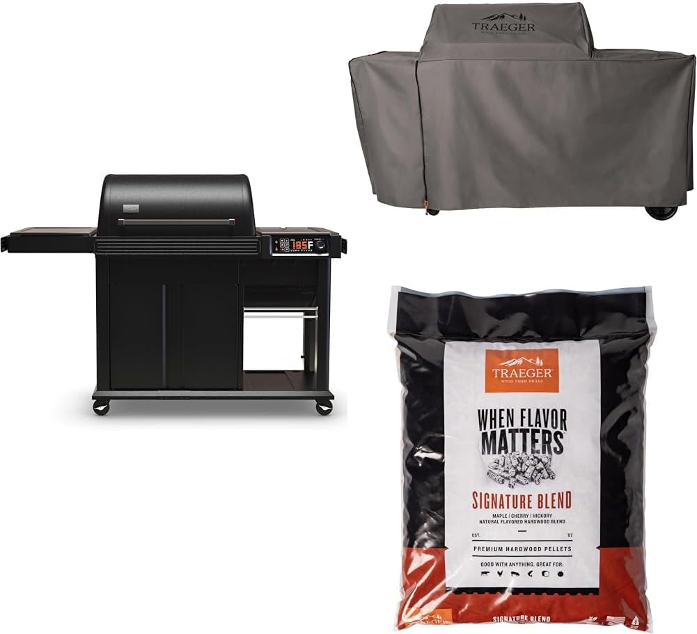 Bundle of Traeger Grills Woodridge Elite Wood Pellet Grill and Smoker + BAC776 Full-Length All Weather Grill Cover Accessory + Signature Blend 100% All-Natural Wood Pellets, 18 lb. Bag