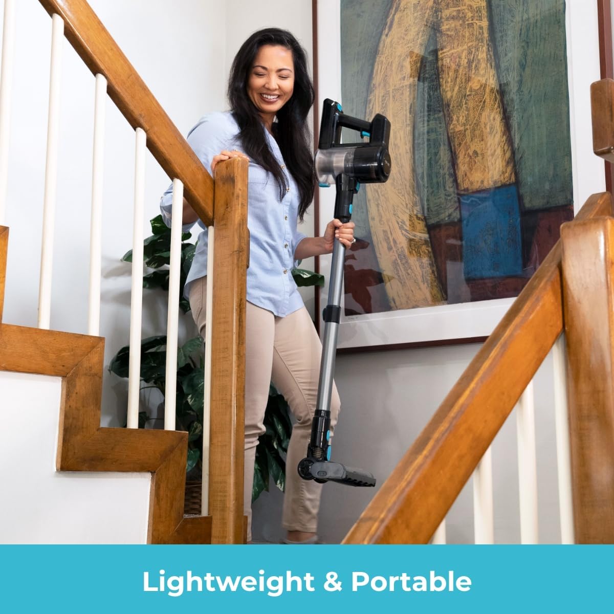 EyeVac Reach 6-in-1 Cordless Stick Vacuum, Rechargeable with LED Lights, 35-Min Runtime, Brushless Motor, Powerful Suction, 5-Stage Filtration (Black with Turquoise)