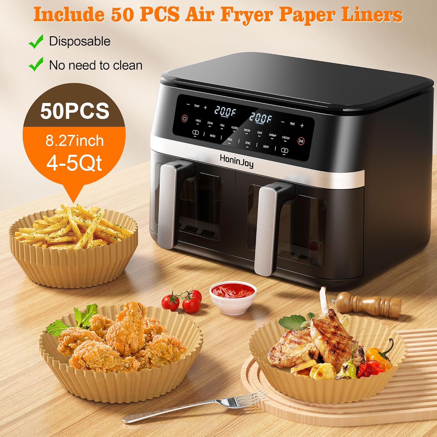 12QT Large Dual Basket Air Fryer with Viewing Window and 50pcs Paper Liners, 10-in-1 Digital Touchscreen Double Zone Air Fryers, SyncCook to Bake,Roast,Reheat,Broil, Nonstick Dishwasher Safe
