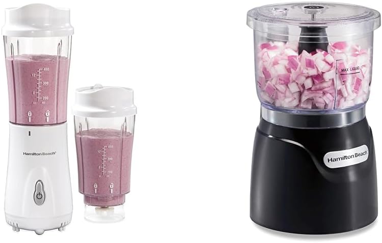 Hamilton Beach Portable Blender for Shakes and Smoothies with 14 Oz BPA Free Travel Cup and Lid & Electric Vegetable Chopper & Mini Food Processor, 3-Cup, 350 Watts