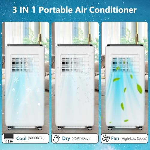Portable Air Conditioner 8000 BTU - Dehumidifier & Cooling Fan for 350 Sq Ft Rooms, Includes Remote Control，Portable AC Unit, Window Kit for Bedrooms Office Home.