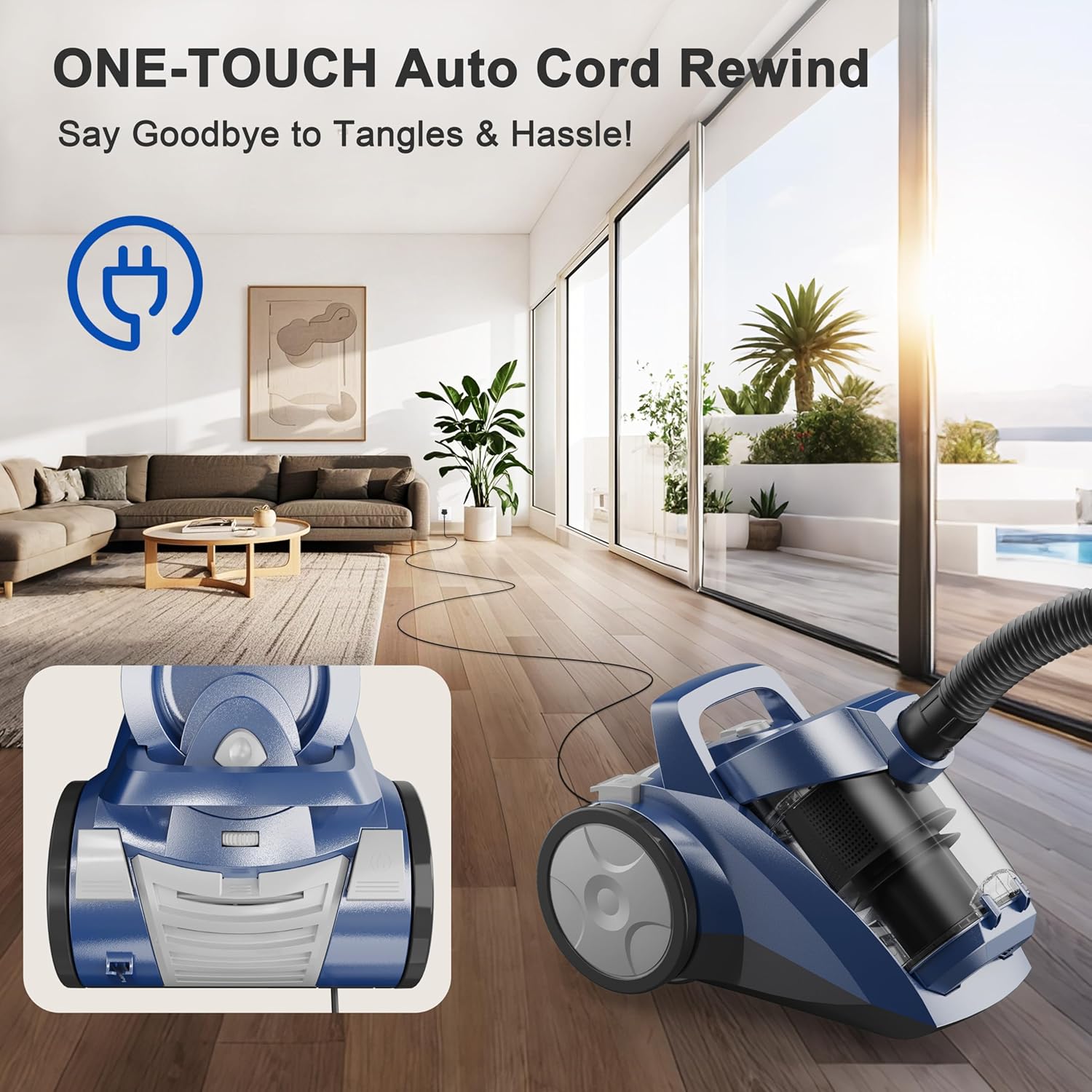 Canister Vacuum Cleaner 45KPa Power Bagless Canister Vacuums for Home with 5 Tools 4.5QT Dust Cup Double HEPA Filter Lightweight Multi-Surface Vacuum Cleaners for Carpet Hard Floor Pet Hair