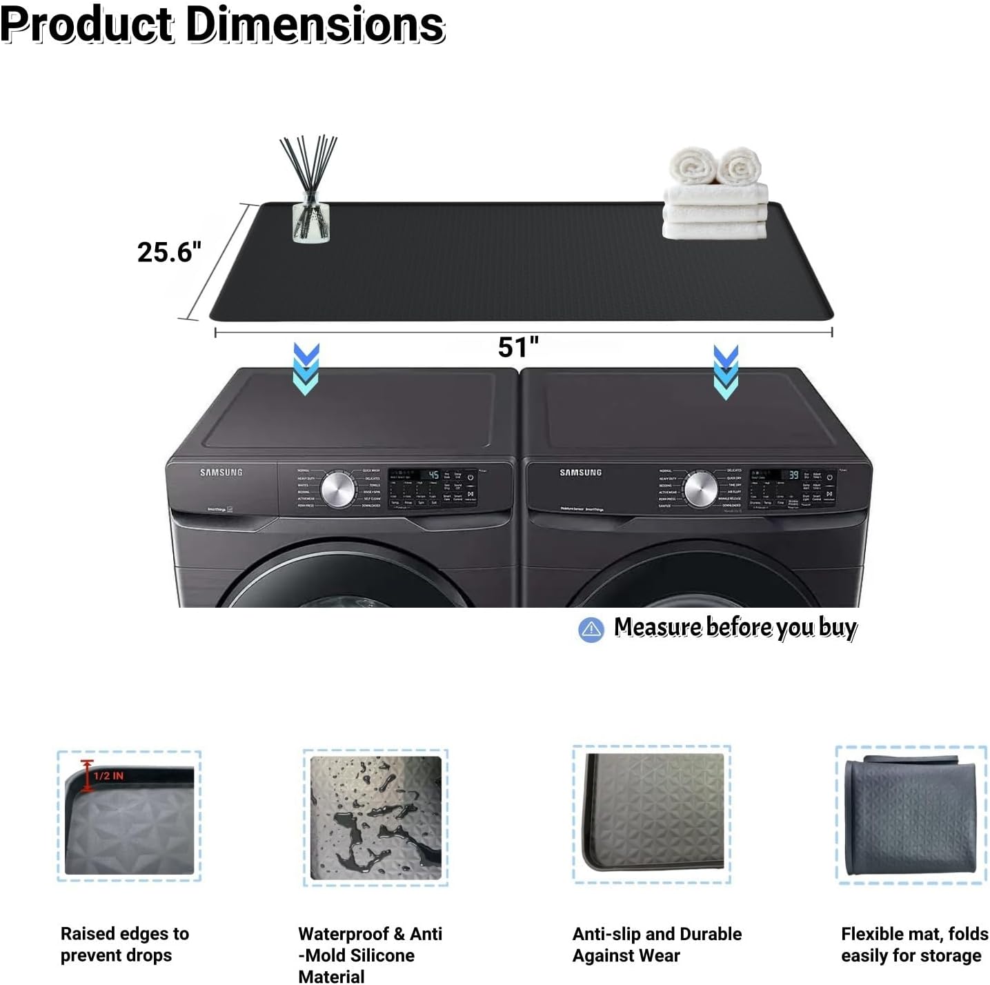 51'' x 25.6'' Washer and Dryer Covers for the Top, Silicone Washing Machine Cover, Dryer Top Protector Mat, Washer Dryer Countertop, Perfect for Laundry Room, Home Use, Black
