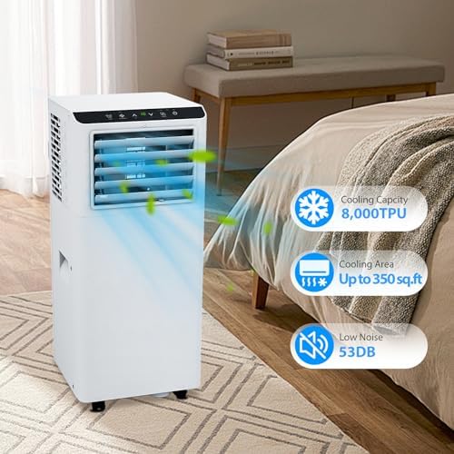 8000 BTU Portable Air Conditioner, 350 Sq.Ft. Coverage, 3-in-1 AC Unit with Fan and Dehumidifier, 50 dB Quiet, Sleep Mode, 24H Timer, Remote Control