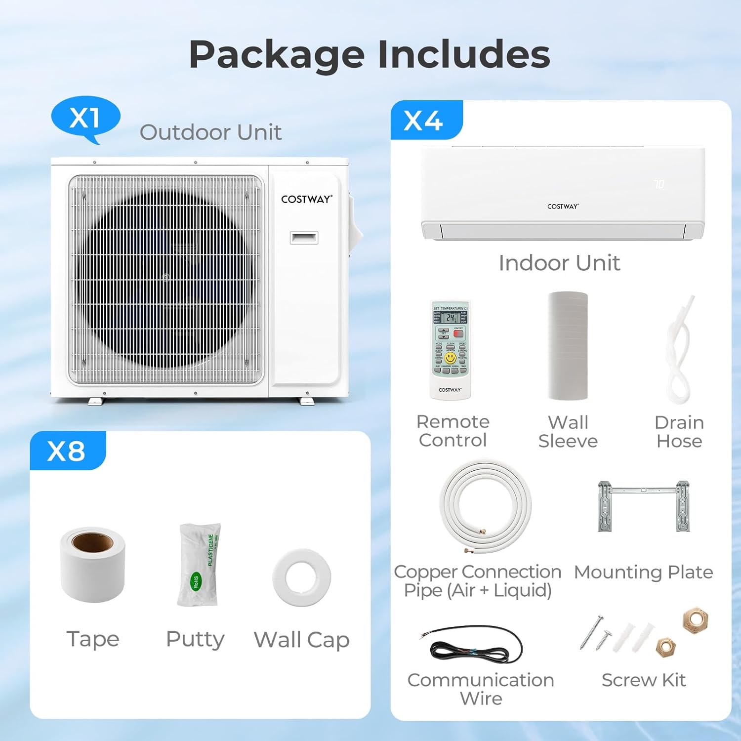 COSTWAY 30k Quad 4 Zone Mini Split Air Conditioner, 23 SEER2, 7k+7k+9k+12k BTU, 208-230V, Wifi Enabled Multi Zones Mini Split AC Heat Pump Full Set, Ductless Energy Star