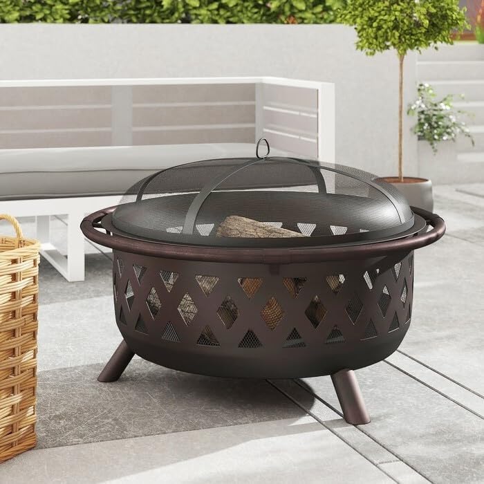 Generic Weather Resistant Steel Wood Burning Fire Pit with Spark Screen, black