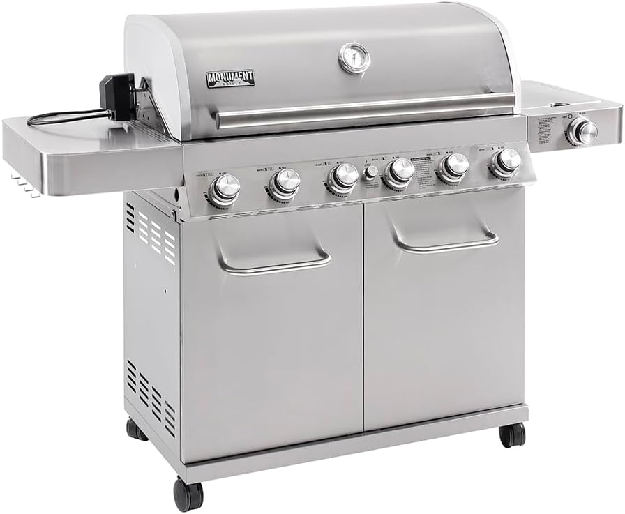 Monument Grills 6 Burner 640 sq.in. Stainless Steel Propane Gas Grill with a Rotisserie Kit, a Side Burner, a Built-In Thermometer, Large Cabinet Style Grill
