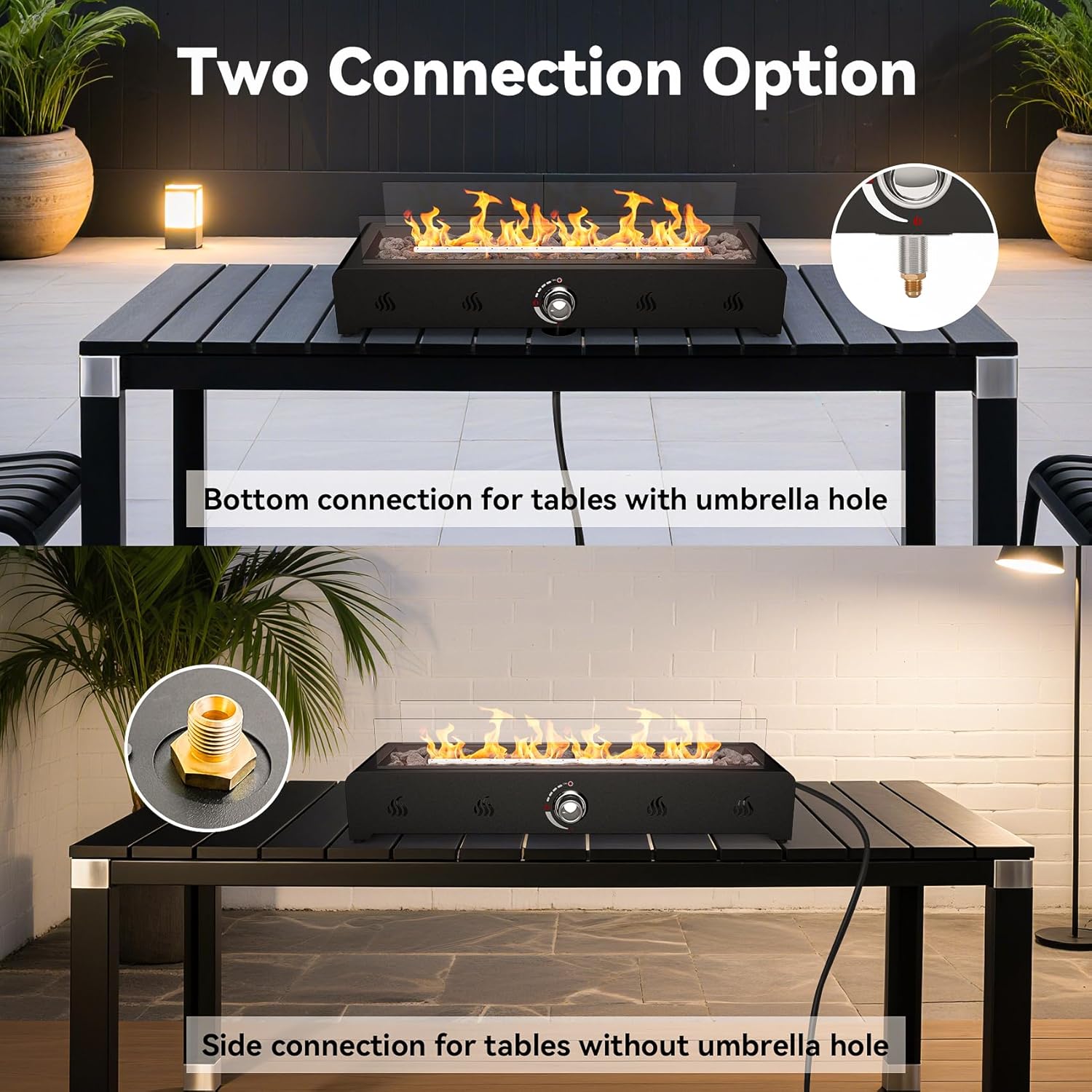 Onlyfire 28'' Tabletop Fire Pit Table, Propane Gas Firepit Bottom Mounted for Table with Umbrella Hole, Glass Wind Guard and Lava Rock, Outdoor Rectangular Smokeless Fireplace