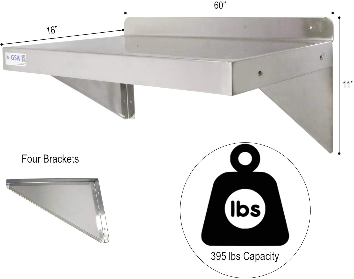 GSW Stainless Steel Commercial Wall Mount Shelf Industrial Appliance Equipment (Restaurant, Bar, Home, Kitchen, Laundry, Garage and Utility Room) NSF Approved (16”D x 60”W)