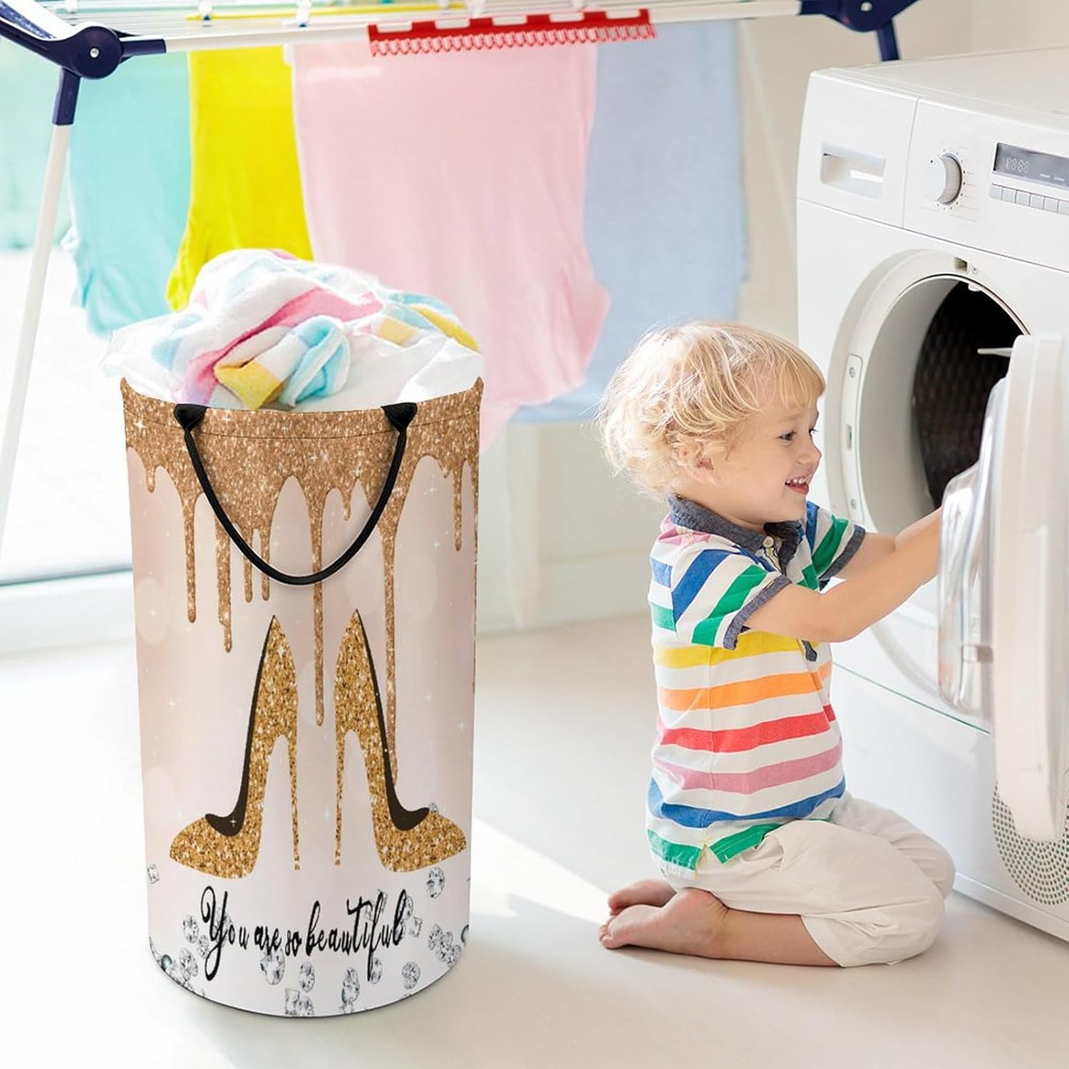 Yellow And High Heel Laundry Basket Large Volume,High Heels Shoe Feminine Glitter Pattern Dirty Clothes Basket Hampers Storage for Dorm And Family 15.7W