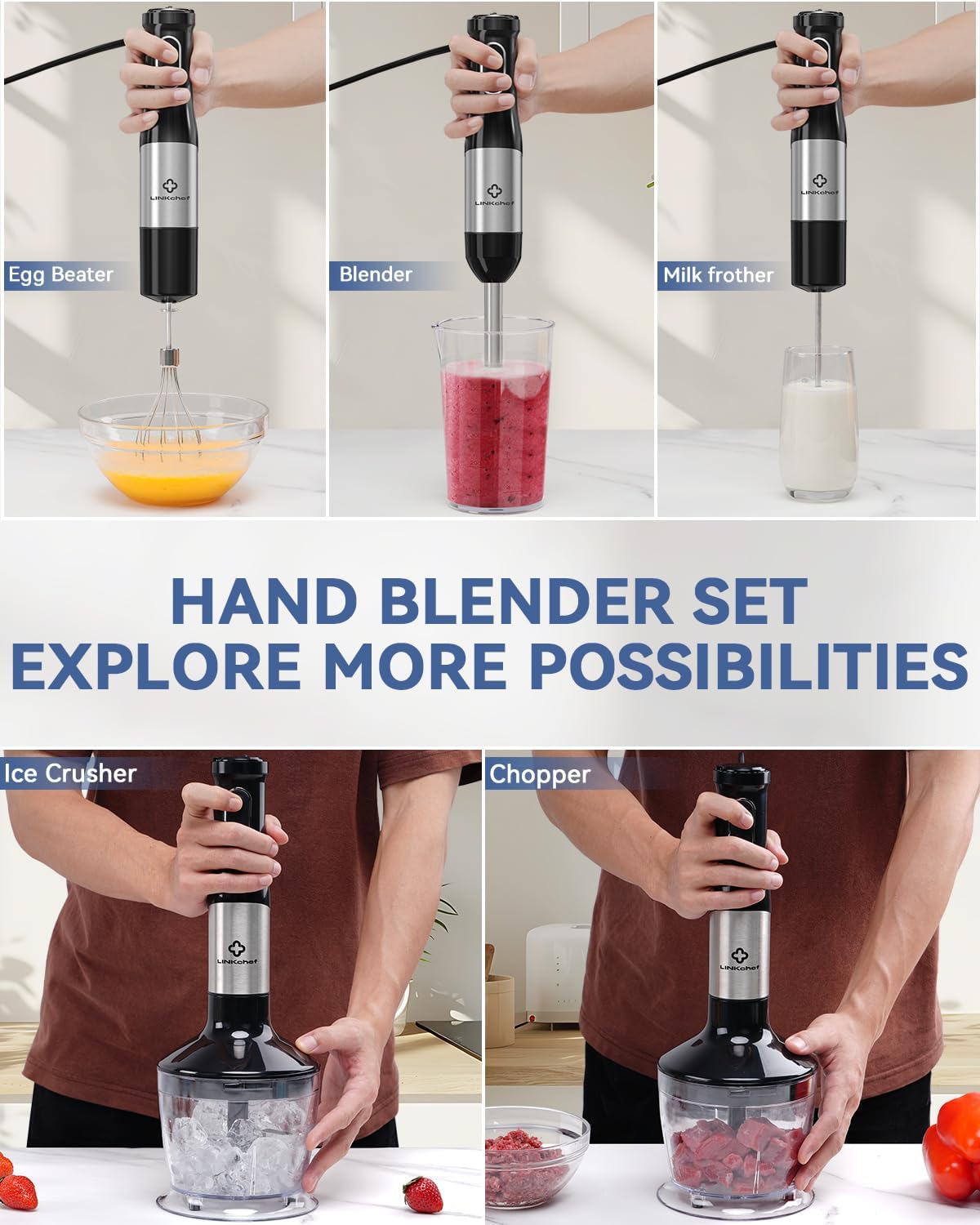 LINKChef 7 in 1 Immersion Blender Scratch Resistant, 2 Titanium Steel Blades 800W Hand Blender, 20 Speed and Turbo Mode Stick Blender Immersion with Whisk, Milk Frother, Food Processor, Beaker