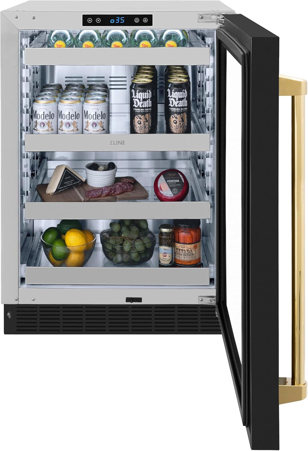 ZLINE Autograph Edition 24 in. Touchstone 151 Can Beverage Fridge With Black Matte Glass Door And Polished Gold Handle (RBSOZ-BLM-24-G)