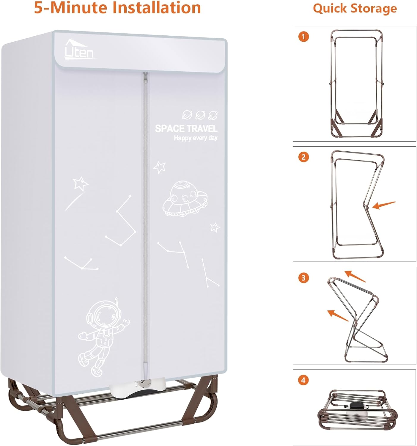 Uten Clothes Dryer, 1500W Power Electric Clothes Dryer Machine with Timer, 2-Tier Laundry Drying Wardrobe, Foldable Drying Rack for Travel, Apartments, RV, Home