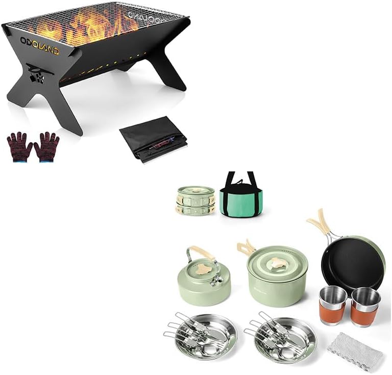 Odoland Bundle - 2 Items Camping Campfire Grill and Camping Cookware Set