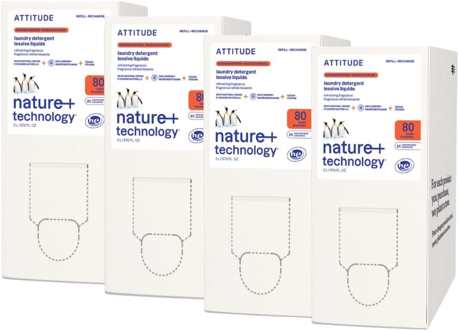 ATTITUDE Liquid Laundry Detergent Refill, EWG Verified, HE Compatible, Plant-Based & Vegan, Natural Laundry Soap, Summer Berries Scent, 80 Loads, 67.6 Fl Oz (Pack of 4)