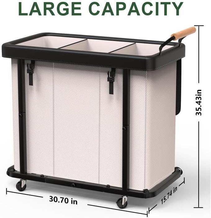 230L (60 Gal) Extra Large Fashion Laundry Sorter 3 Section with Lid, Rolling Laundry Basket Hamper with Handle, Laundry Organizer Storage Cart with Sturdy Metal Frame for Laundry Room, Hotel, White