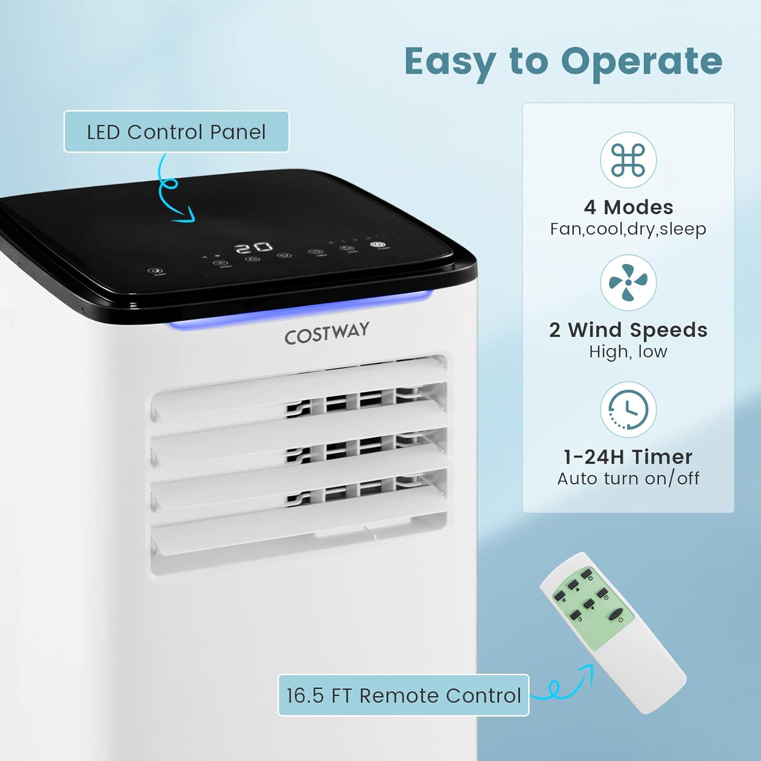 COSTWAY Portable Air Conditioners, 10000 BTU Portable AC Unit for Room up to 400 Sq.Ft with Cool, Fan, Dry & Sleep Mode, Timer, Remote Control & Window Vent Kit, 3-in-1 Portable AC for Bedroom, Office
