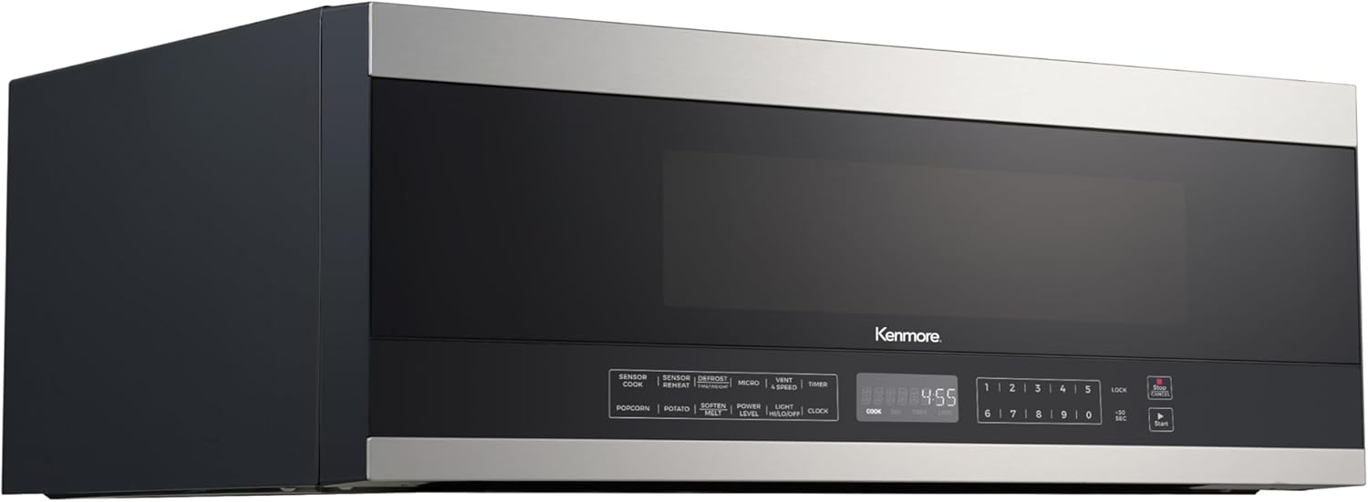 Kenmore KMOMJK12S2SW-10 Low Profile Over The Range Microwave Hood Combination Steam & Sensor Cooking, 11 Power Levels, 1.2 Cu Ft, Stainless Steel