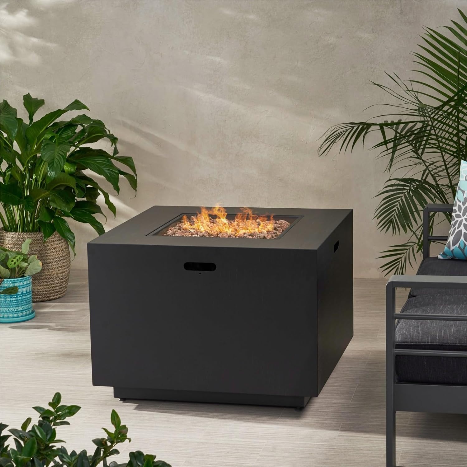 Outdoor Fire Pit Table Outdoor Patio Propane Fire Pit 24'' H X 33'' W Square Iron Gas-Burning Fire Pit - 50,000 BTU, Tank in Side, Dark Grey