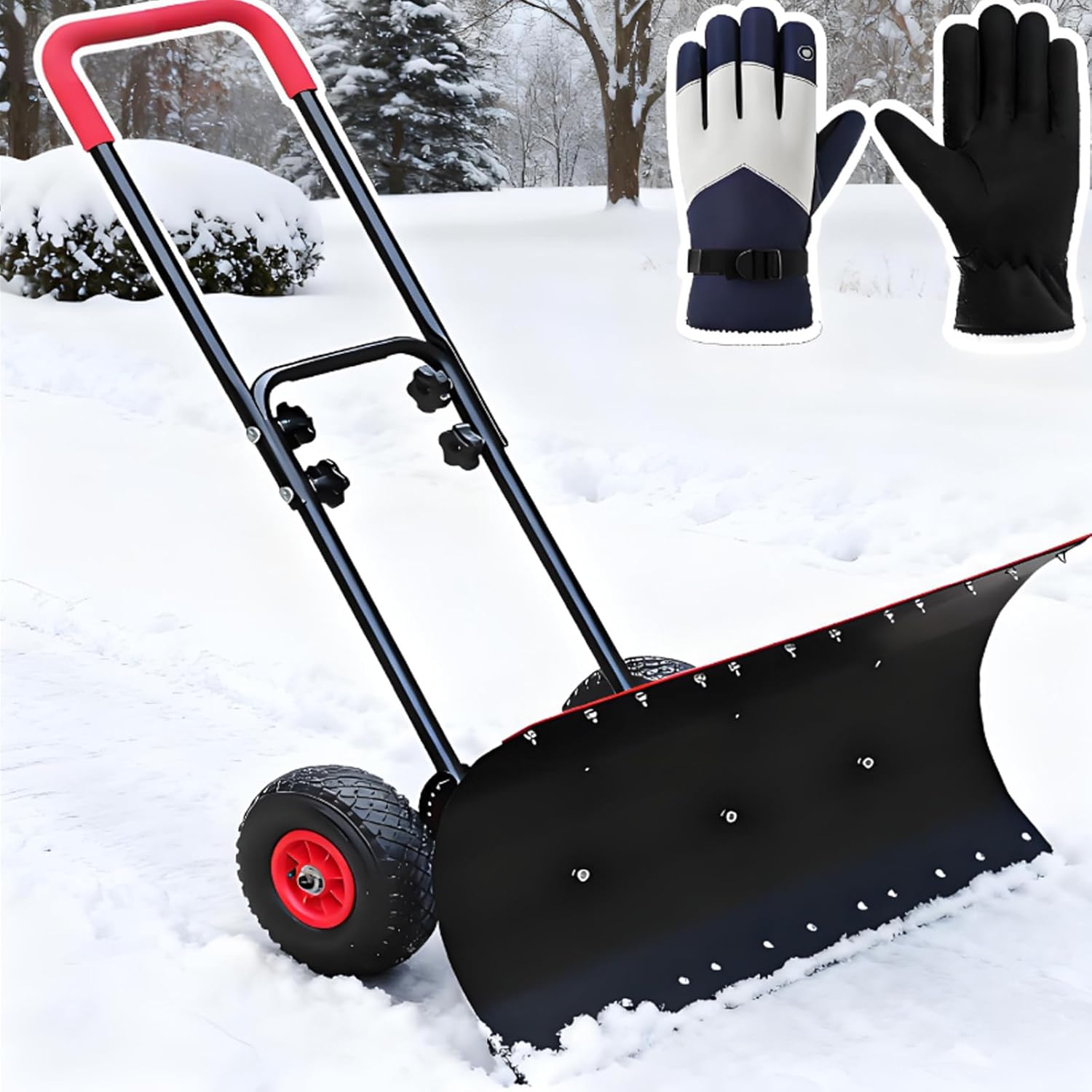 2 in 1 Winter Ice Snow Shovel for Driveway - Wheeled Metal Snow Pusher Plow with Ice and Snow Removal Adjustable - Outdoor Snowplow for Sand, Grains, Concrete, Coal
