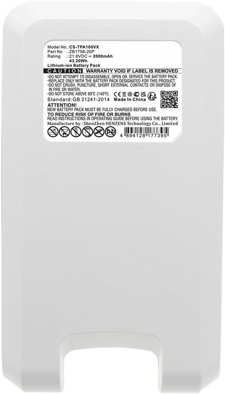 Vacuum Battery，Compatible for Tineco ZB1756-20P A10 Hero Master Capacity 2000mAh / 43.20Wh Color Li-ion, WHITE