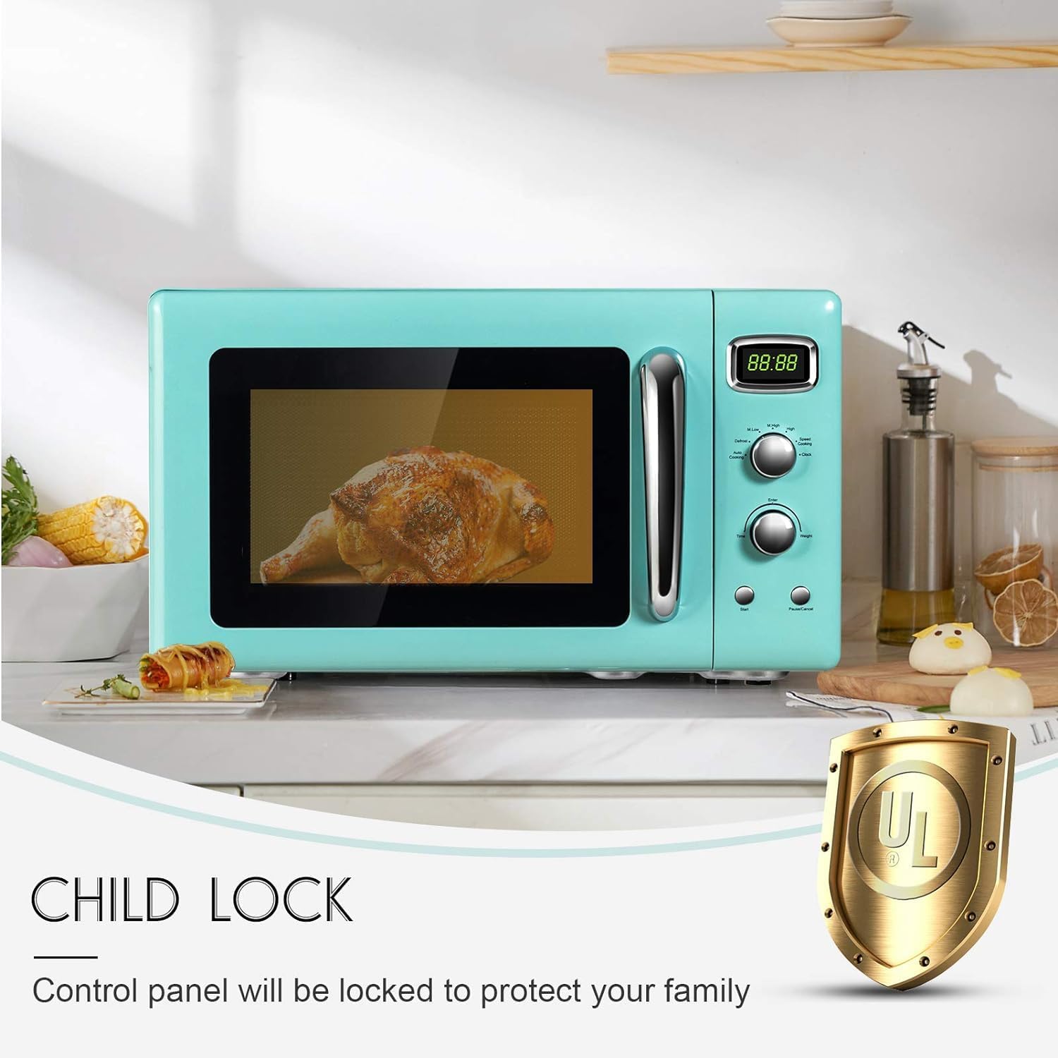 GOFLAME Large 0.9Cu.ft Countertop Microwave Oven, 900-Watt Retro Microwave w/Child Safety Lock, Defrost & Auto Cooking Function, LED Display, Glass Turntable, Mint Green