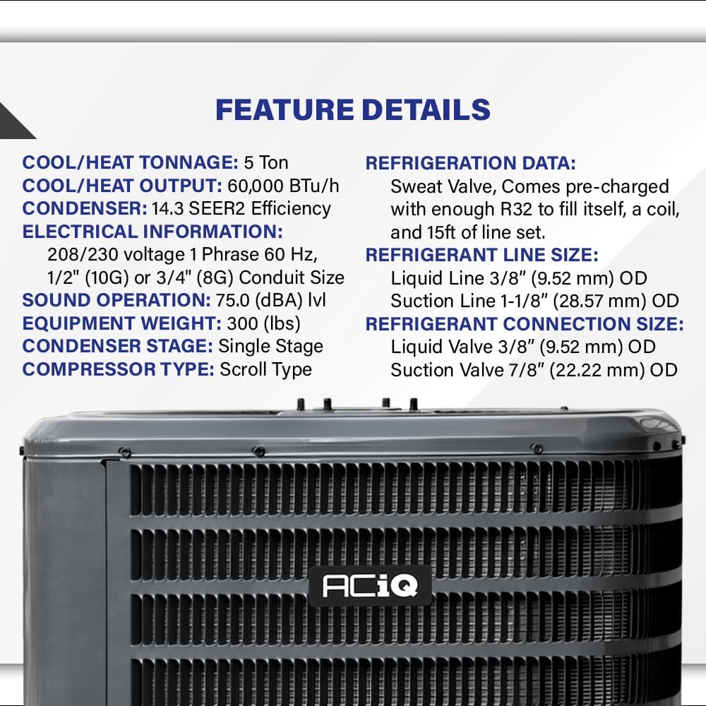 1HVAC 5 Ton 14.3 SEER2 Heat Pump Condenser - R32 Single Stage | 60000 BTU AC/Heating System