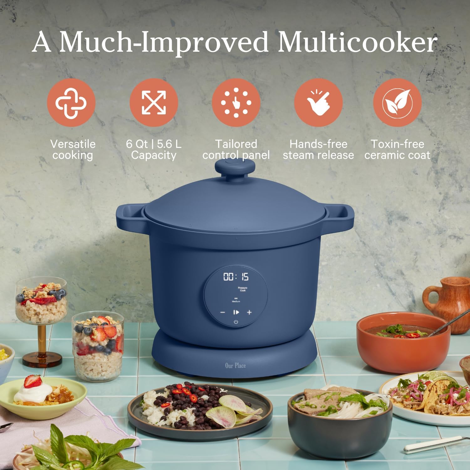 Our Place Dream Cooker | 6 Qt Ceramic Nonstick Multicooker & Pressure Cooker with Touchscreen Controls & Auto Steam Release | 4 Modes: Pressure Cook, Sauté/Sear, Slow Cook & Warm | Blue Salt