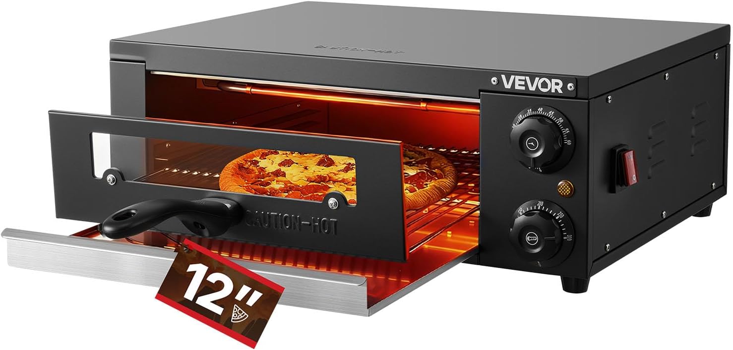 VEVOR Electric Pizza Oven, 12 in Countertop Pizza Oven, 77 to 572°F Temp Range, 1450W Indoor Pizzas Maker w/Timing & Temp Control, Pizzas Cooker w/Dual Heat Tube, Grill Rack, for Kitchen & Commercial