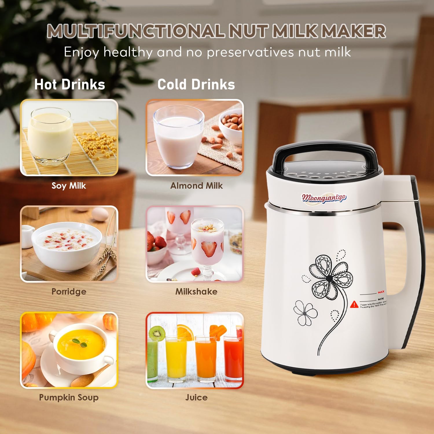 Moongiantgo Automatic Soy Milk Maker 37.2oz 1100ml, 8 in 1 Nut Milk Maker with Self-Cleaning/Boil Water/Recipe, Homemade Almond Milk Machine, Plant Based Milk, Juice Beverages Maker, 110V