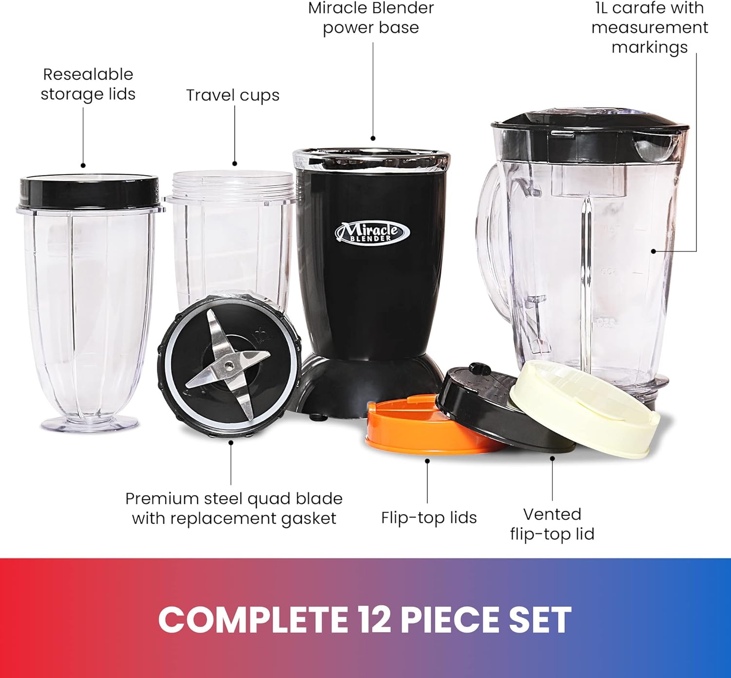 Total Chef Miracle Blender – Electric Mixer for Smoothies, Ice Crush & Pulse Function, Heavy Duty Bullet Pitcher licuadora, Kitchen Appliance, Dishwasher-Safe Jar, Black