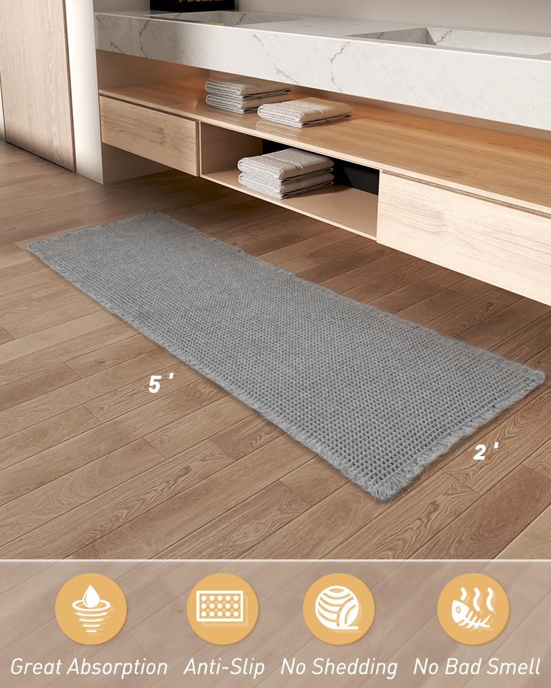 Upgraded Waffle Runner Rug Super Absorbent Non Slip Bath Mats for Bathroom Machine Washable Bathroom Runner Rug with Tassels, Ideal for Hallway Bedroom Laundry Room, Light Grey, 2' x 5'(24