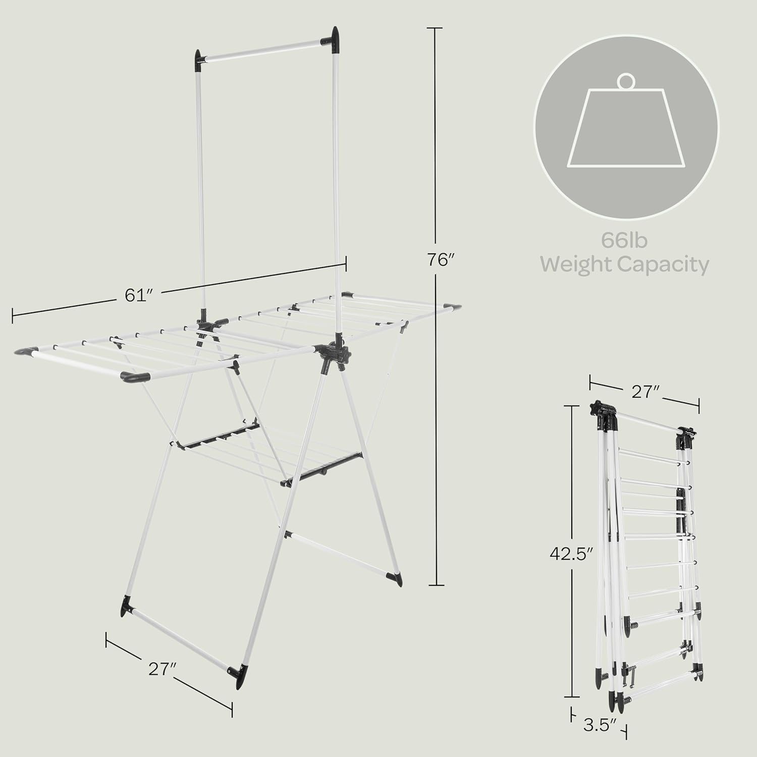 Clothes Drying Rack - 2-Level Laundry Drying Rack with 24 Drying Rails, Hanging Bar, and 2 Height-Adjustable Wings - Indoor/Outdoor Foldable Drying Rack by Home-Complete (White)