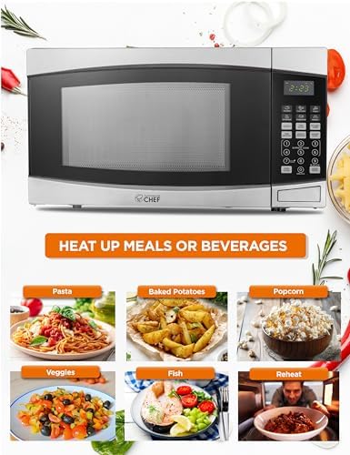COMMERCIAL CHEF 1.4 Cubic Foot Microwave with 10 Power Levels, Small Microwave with Push Button, 1100 Watt Microwave with Digital Control Panels, Countertop Microwave with Timer, Stainless Steel