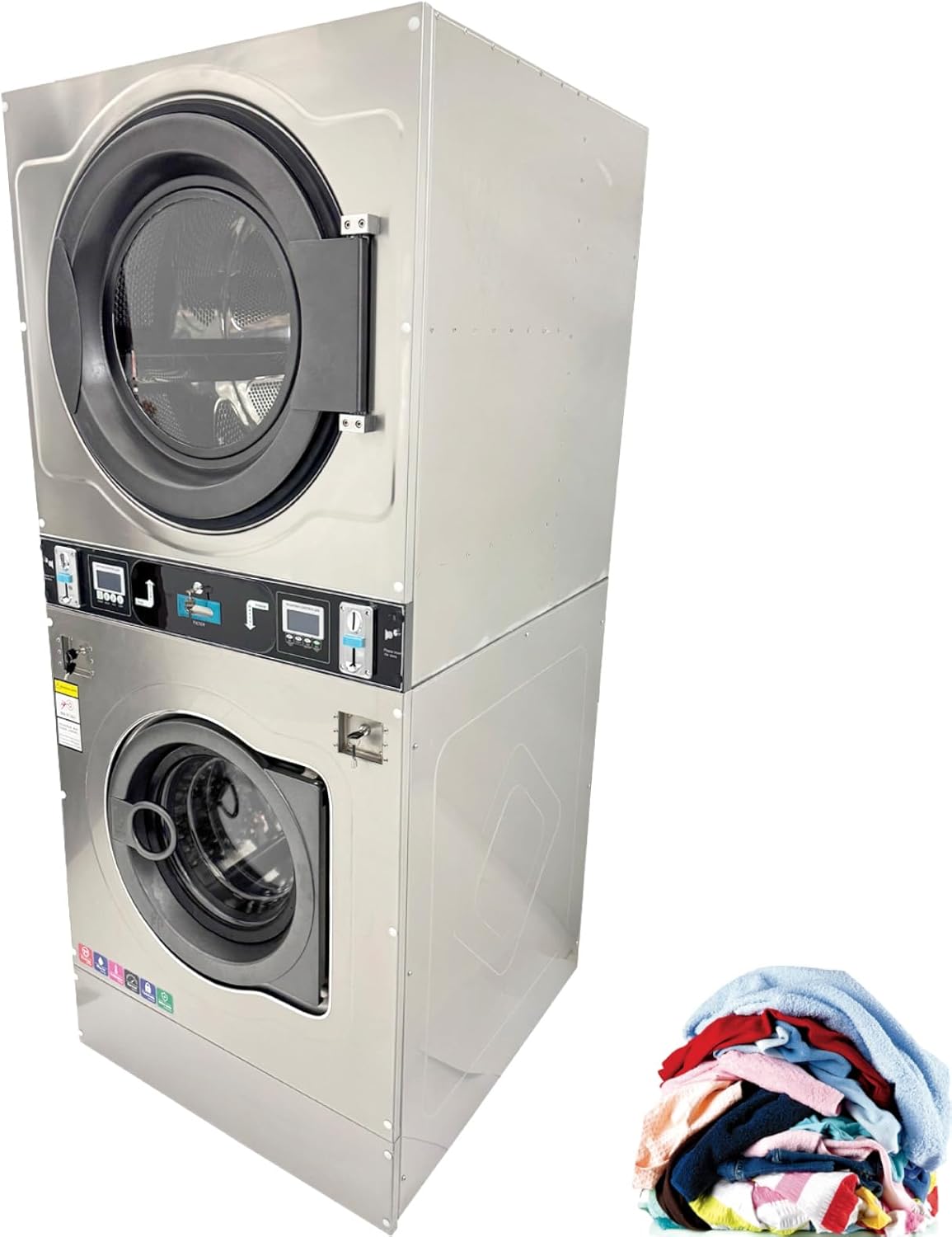 AC220V Commercial Coin Operated Washer Dryer Combo 26.4lbs Stackable Large Washer-Dryer-In-One for Laundromats, Apartment Laundry Rooms, and Hotels