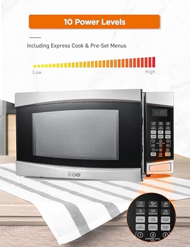 COMMERCIAL CHEF 1.4 Cubic Foot Microwave with 10 Power Levels, Small Microwave with Push Button, 1100 Watt Microwave with Digital Control Panels, Countertop Microwave with Timer, Stainless Steel