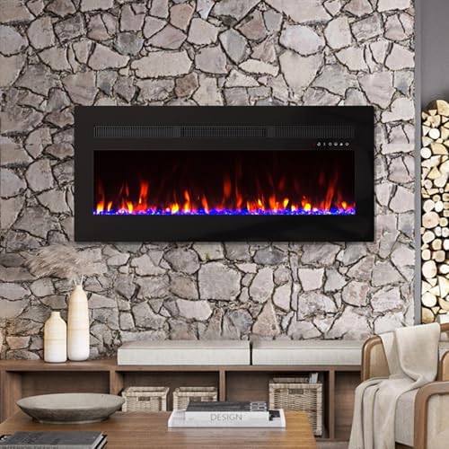 Panana Electric Fireplace Heater Wall Mounted, 60 inch Wide Recessed Electric Fireplace, 1400W, 8H Timer, 20 Color Flame, Remote Control, Log Set & Crystal