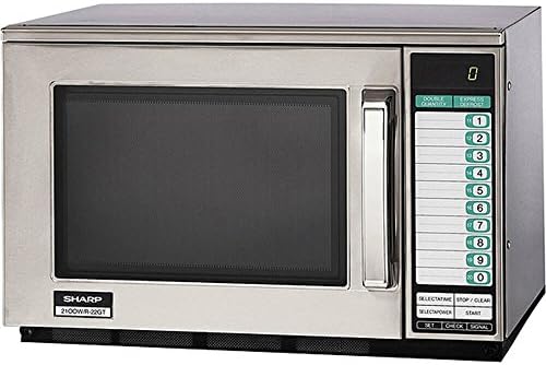 Sharp R-22GT Commercial Microwave Oven, Heavy Duty, 1200 Watt, 0.70 cu. ft. Capacity, Stainless Steel, 20 Program Inputs, 11 Power Levels, Express Defrost, 3-Stage Cooking, Digital Display