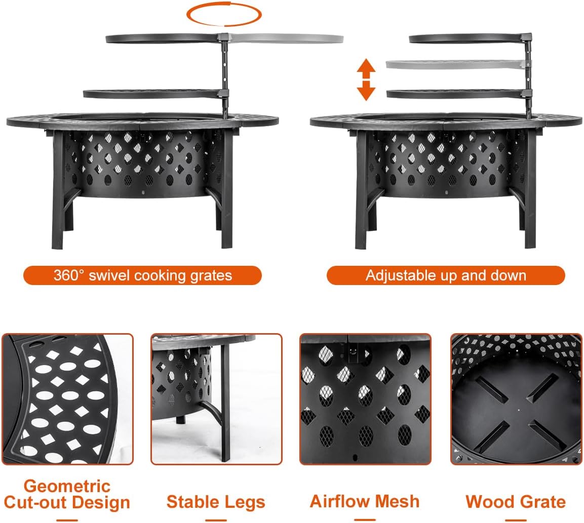 36 Inch Fire Pit with 2 Grills, Wood Burning Fire Pits for Outside with Lid, Poker and Round Waterproof Cover, BBQ& Outdoor Firepit & Round Metal Table 3 in 1 for Patio, Picnic, Party