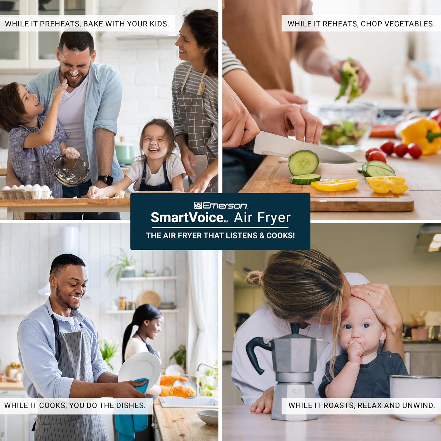 Emerson SmartVoice 10QT 6-in-1 Air Fryer, 1000+ Voice Control Commands, 100+ Recognized Food, No APP, No WIFI, No Setup, Nonstick Basket, Air Fry, Bake, Reheat, Dehydrate, 1700W